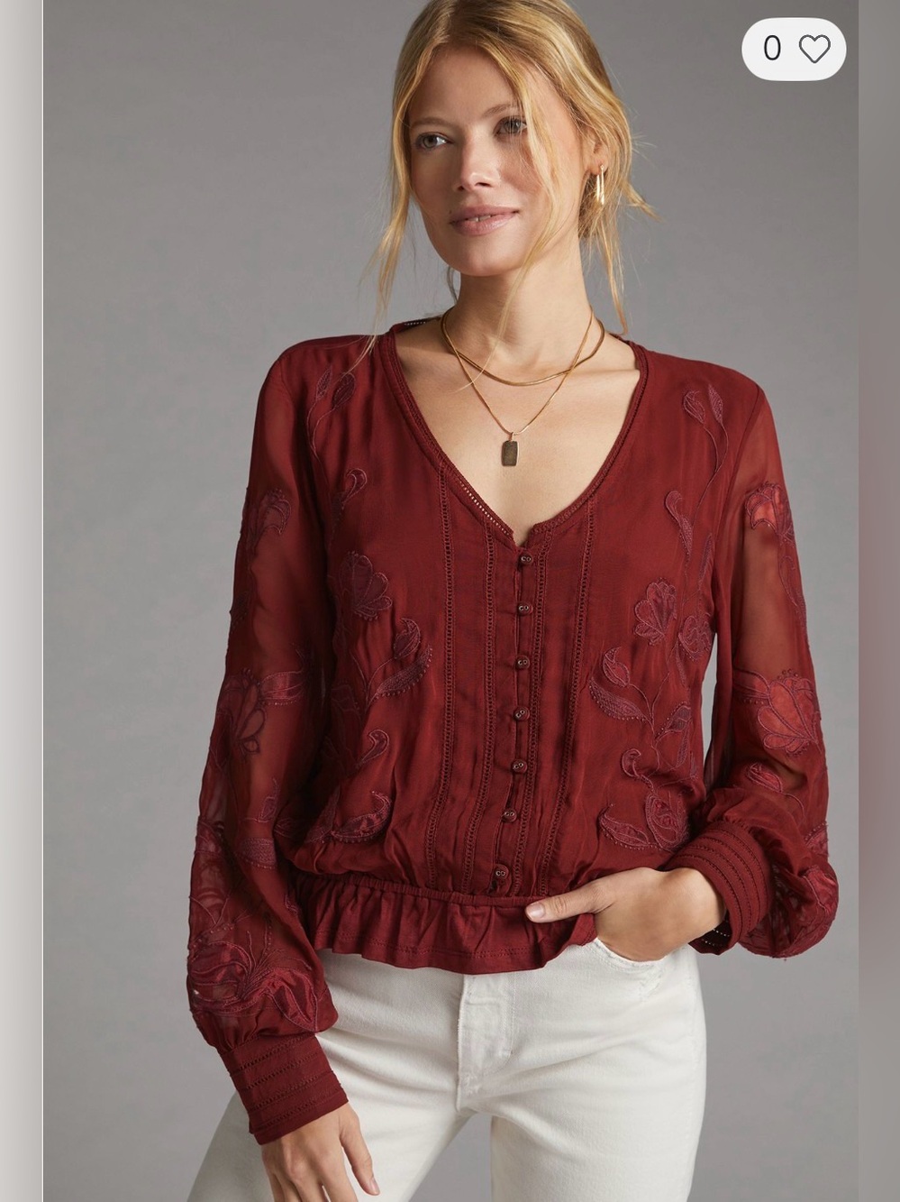 Anthropologie Burgundy Embroidered Blouse